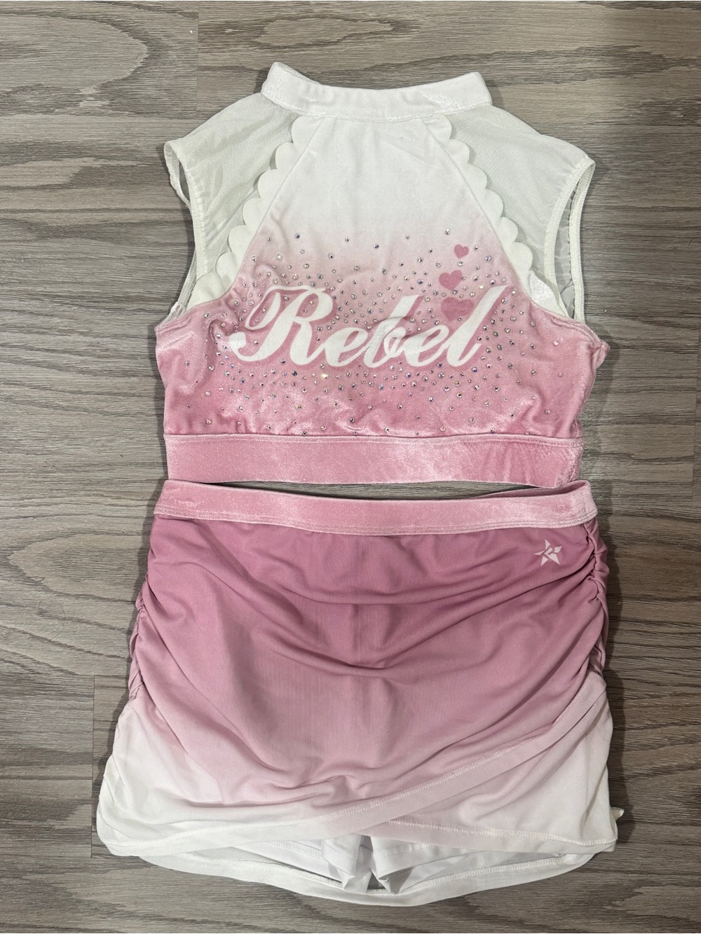 Rebel Athletic Cheer Set Crop Top Skirt Pink White Rhinestones Size Adult M